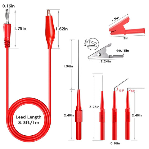 Back Probe Kit With Banana Plug To Copper Alligator Clips For Automotive Test Leads Set showing lead length and probe sizes