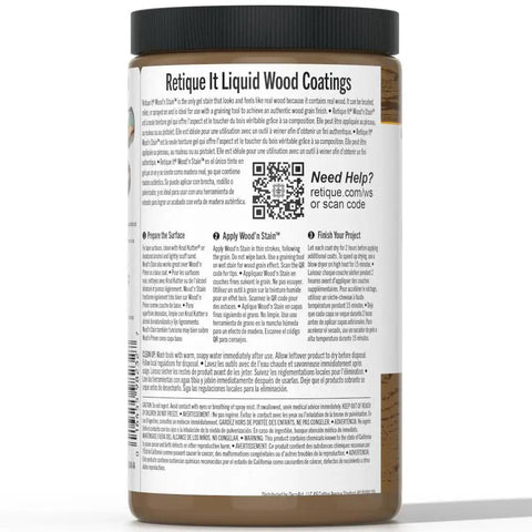 Retique It Liquid Wood Coatings jar showing usage instructions for Smooth Operator Liquid Wood Gel Stain in dark oak.