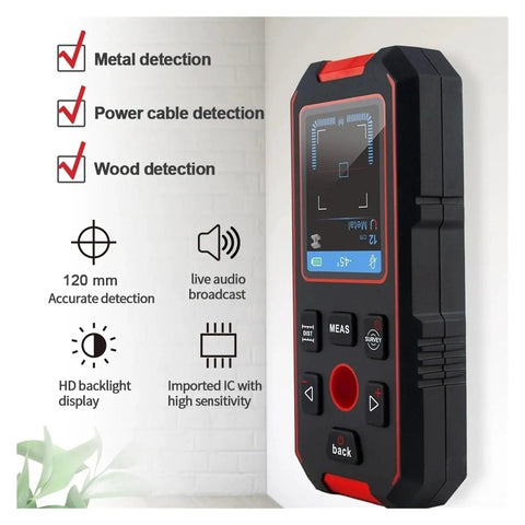 Rock Solid Stud Finder And Wall Scanner shows LCD display with buttons for detecting wood, AC wires, and metal accurately.