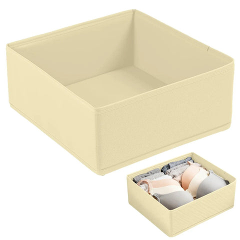 Beige foldable drawer organizer bins for clothing and accessories, space saving closet and dresser storage boxes, collapsible dividers