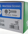 Knockout Phillips Flat Head Machine Screws Featuring Zinc Coating Size Six Thirty Two By Three Inches pack of 100, labeled.