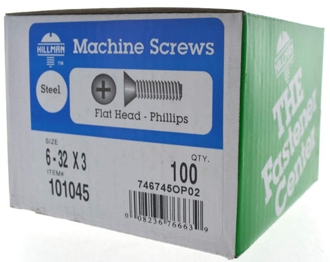 Knockout Phillips Flat Head Machine Screws Featuring Zinc Coating Size Six Thirty Two By Three Inches pack of 100, labeled.