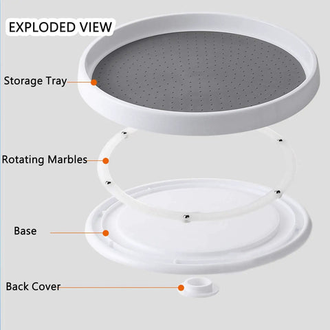 Exploded view of 10 Inch Lazy Susan Turntable Pantry Organizer Set with Non Slip Fridge Spice Rack Spin Tray components.