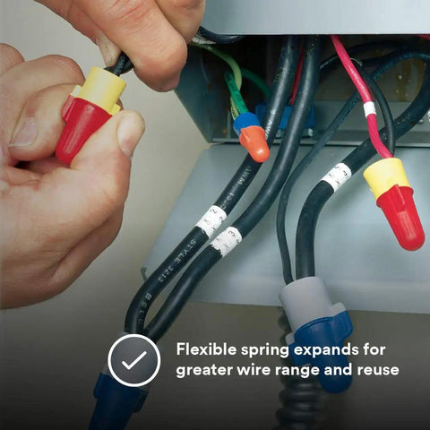 No-Fuss Performance Plus Wire Connectors Set With Flexible Steel Spring For 22-8 AWG Wires Red And Yellow Color Coding in use