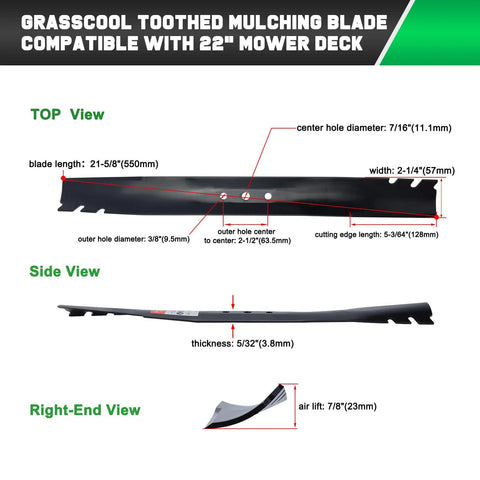 Recycler 22-Inch Blade Set For Toro Deck Mowers Mulching Replacement Parts Built Tough For Big Yards size dimensions view