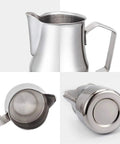 Stainless Steel 15 Ounce Espresso Steaming Pitcher For Milk Frothing And Latte Art With Dripless Spout Pro Grade Durable Anti Rust 304 Food Grade Milk Jug For Cappuccino, showing side, top, and bottom views.