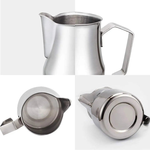 Stainless Steel 15 Ounce Espresso Steaming Pitcher For Milk Frothing And Latte Art With Dripless Spout Pro Grade Durable Anti Rust 304 Food Grade Milk Jug For Cappuccino, showing side, top, and bottom views.