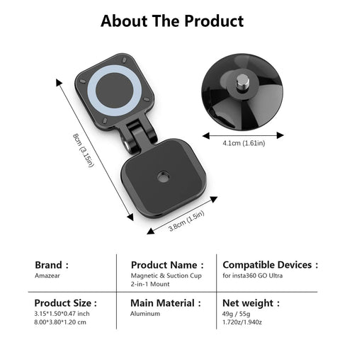 Magnetic Mount For Insta360 GO Ultra With 2-In-1 Magnetic And Suction Holder, Quick Release Aluminum Base Stand dimensions