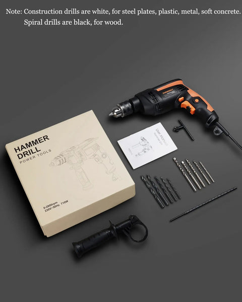 Beast 1/2 Inch 6 Amp Corded Hammer Drill Kit With Variable Speed, All Metal 1/2 Inch Chuck, 2800 RPM, Includes 10 Drill Bits