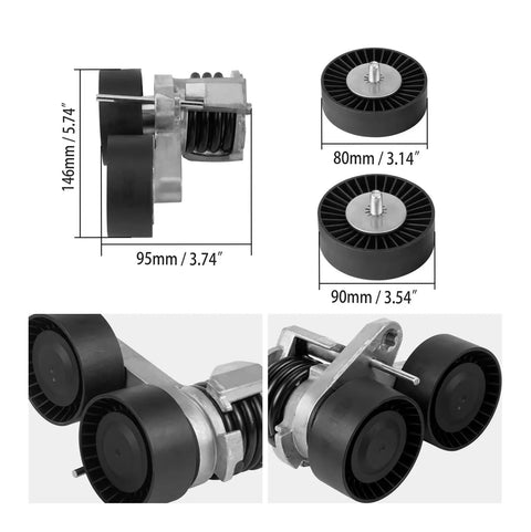 Must-Have Serpentine Drive Belt And Idler Pulley Plus Tensioner Kit For BMW N54 E90 E92 E93 Models, Upgraded Gear Keeps Accessories Running Smooth As Butter For 335i And 135i Years 2005 To 2010. BMW belt tensioner and idler pulleys, 80mm and 90mm black pulleys with silver bracket