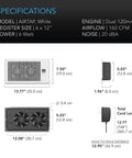Airtap T6 White Register Booster Fan specifications with size, airflow, power, and noise details.