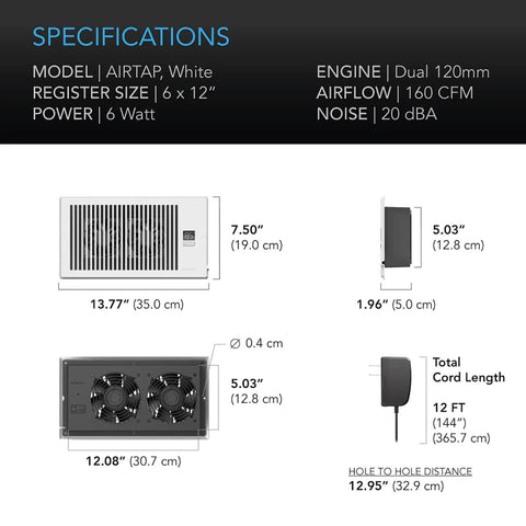 Airtap T6 White Register Booster Fan specifications with size, airflow, power, and noise details.