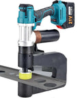 Cordless Electric Hydraulic Hole Puncher Kit With 2 Rechargeable Batteries showcasing metal sheet punching process