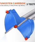 Close-up of Built Tough Forstner Drill Bits Two Pack 1.5 Inch 38mm Tungsten Carbide Tipped, highlighting 3 teeth and blue design.