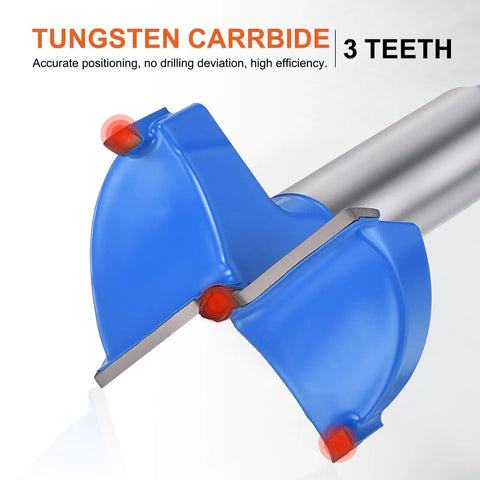 Close-up of Built Tough Forstner Drill Bits Two Pack 1.5 Inch 38mm Tungsten Carbide Tipped, highlighting 3 teeth and blue design.