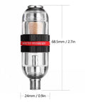 Mini Airbrush Air Filter Moisture Trap With One Eighth BSP Threads And Oil Water Separator For Gundam Model Painting Makeup Tattoo And Art Craft Tools Double Filtration Technology Captures Ninety Nine Point Nine Percent Moisture And Oil, shown in stainless steel with red band and dimensions