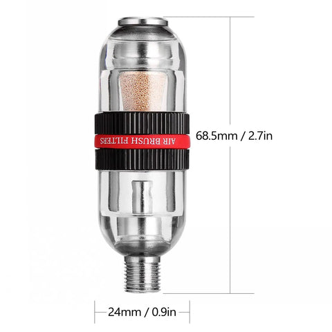 Mini Airbrush Air Filter Moisture Trap With One Eighth BSP Threads And Oil Water Separator For Gundam Model Painting Makeup Tattoo And Art Craft Tools Double Filtration Technology Captures Ninety Nine Point Nine Percent Moisture And Oil, shown in stainless steel with red band and dimensions