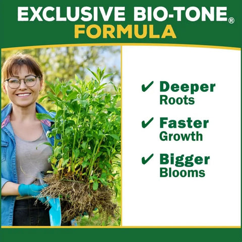 Bio Tone Starter Plus Plant Food 25 lb Organic Natural Growth Booster woman holding plant next to growth benefits list