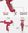 Beefy Universal Table Vise 3 Inch Jaw Opening With 360 Degree Swivel Base Bench Clamp For Woodworking And Metalworking, Thickened 0.2 Inch Jaw For Grip That Won't Budge, Fits Most Workbenches, red cast iron body with chrome-plated spindle and nut