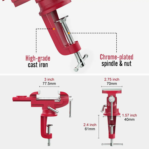 Beefy Universal Table Vise 3 Inch Jaw Opening With 360 Degree Swivel Base Bench Clamp For Woodworking And Metalworking, Thickened 0.2 Inch Jaw For Grip That Won't Budge, Fits Most Workbenches, red cast iron body with chrome-plated spindle and nut