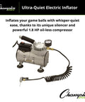 Ultra Quiet 110V Air Compressor Inflator With 1/8 HP Oil-Free Motor, 60 PSI Max, gauge hose and needle, compact design
