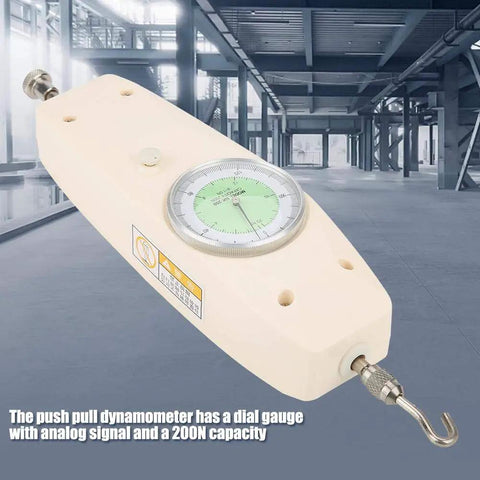 200N Push Pull Force Gauge Dynamometer Kit Analog Dial Meter Handy for Mechanical Force Testing NK 200 Style Push Pull Tester Durable ABS Shell Easy Read Tension and Compression Meter, beige ABS housing with analog dial and hook