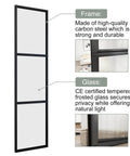 Two Sets Of 18 Inch By 84 Inch Three Paneled Frosted Glass Double Barn Doors With Carbon Steel Frame And Hardware Kit Soft Close Included Easy To Install, showing close-up details of carbon steel frame and frosted glass.