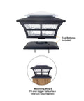 Close-up of Solar Post Cap Lights For Wooden Posts 4x4 Fence Posts 6 Pack with mounting options and included bottoms shown.