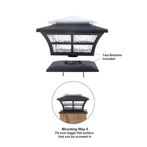 Close-up of Solar Post Cap Lights For Wooden Posts 4x4 Fence Posts 6 Pack with mounting options and included bottoms shown.