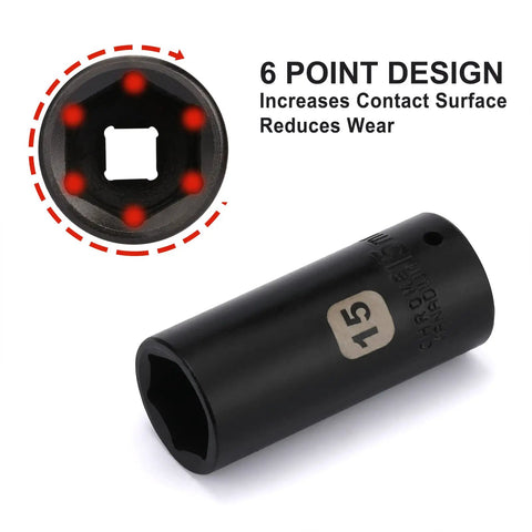 15mm socket from 55 Piece 1/4 Inch Drive Master Impact Socket Set With Deep And Shallow Sockets 6 Point Beefy CR-V Steel