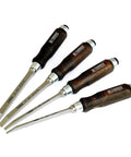 Rock Solid Mortise Chisel Set For Fine Woodworking And Shop Projects Featuring Tapered Cr Mn Steel Blades with beech grips.