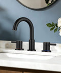 Black 8 Inch Widespread Bathroom Faucet For 3 Hole Sinks With Pop Up Drain, 360 Degree Swivel Two Handle Vanity Faucet on white sink