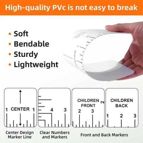 T Shirt Alignment Tool Set, Handy Vinyl Heat Press Kit with Eight Rulers, showing bendable PVC ruler with clear markers