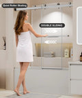 Frameless Sliding Bathtub Shower Door 60 X 60 Inch with Clear Tempered Glass and Smooth as Butter Double Slide Action plus Heavy Duty Brushed Nickel Hardware shown in a modern bathroom.