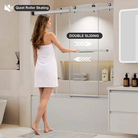 Frameless Sliding Bathtub Shower Door 60 X 60 Inch with Clear Tempered Glass and Smooth as Butter Double Slide Action plus Heavy Duty Brushed Nickel Hardware shown in a modern bathroom.
