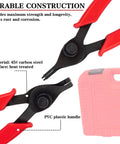 Long Reach Snap Ring Pliers Set Heavy Duty 11 Piece With Case, close-up of black carbon steel pliers with red plastic handle