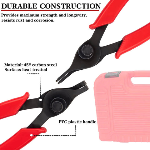 Long Reach Snap Ring Pliers Set Heavy Duty 11 Piece With Case, close-up of black carbon steel pliers with red plastic handle