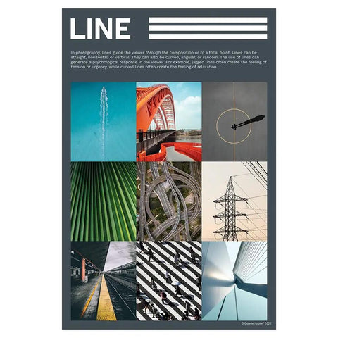 Poster showing visual examples of line in photography, part of 7 Poster Elements Of Photography Set For Art Classrooms 12x18 USA made.