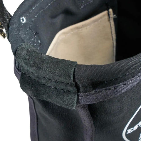 Top view of Heavy Duty Tool Pouch For Nuts And Bolts With Interior Pocket No 10 Canvas 9 x 3.5 x 10 Inches Black with leather reinforcement.