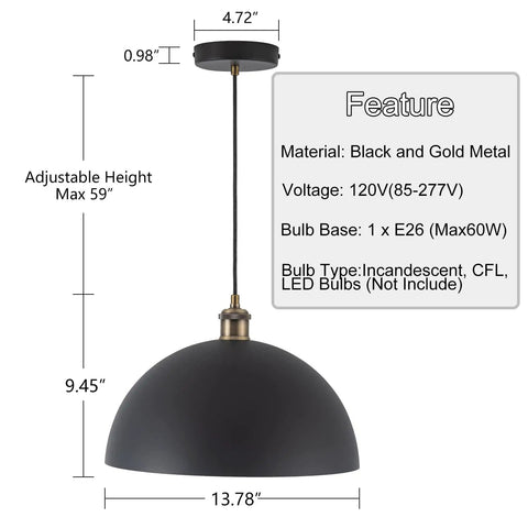 Industrial Black Pendant Light With Gold Finish Large 13.78 Inch Dome Fixture Retro Pendant Lighting For Kitchen Island Dining Room Bedroom Hallway Living Room Farmhouse Style And Modern Vibe