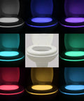 Image of Two Pack 16 Color Motion Sensor LED Toilet Night Light With Auto On Off Light Detection in multiple glowing colors.