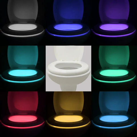 Image of Two Pack 16 Color Motion Sensor LED Toilet Night Light With Auto On Off Light Detection in multiple glowing colors.
