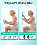 Woman using Rechargeable Portable Bidet Toilet Aid Wiper Tool Set 400ml Travel Bidet with upgraded wiping aid in bathroom.
