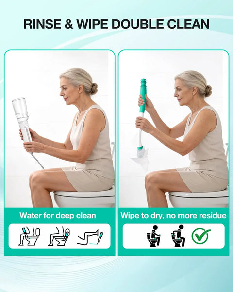 Woman using Rechargeable Portable Bidet Toilet Aid Wiper Tool Set 400ml Travel Bidet with upgraded wiping aid in bathroom.