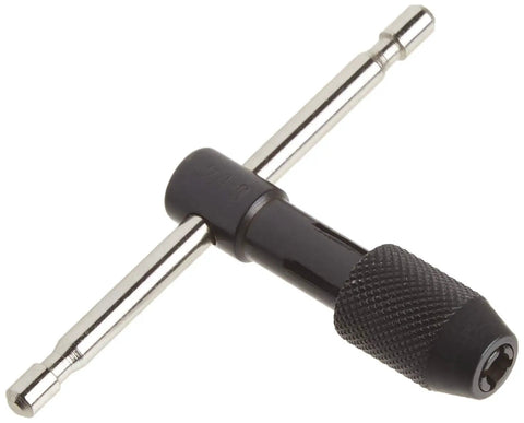 Tap Wrench With T Handle For Hand Turning Taps And Tools, Adjustable Knurled Nut, Recessed Holding Jaws, 0 To One Quarter Inch Range
