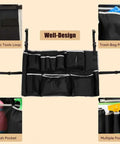 Upgraded Large Trash Can Caddy Bag With Multi Pocket Organizer For 32 To 55 Gallon Bins Turns Your Garbage Bin Into A Mobile Cleaning Station Ideal For House Cleaners And Janitorial Duties Gray Edge with pockets and loops.