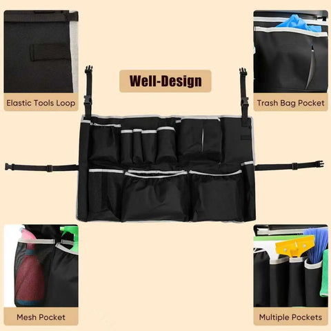 Upgraded Large Trash Can Caddy Bag With Multi Pocket Organizer For 32 To 55 Gallon Bins Turns Your Garbage Bin Into A Mobile Cleaning Station Ideal For House Cleaners And Janitorial Duties Gray Edge with pockets and loops.
