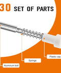 30 Pack Window Screen Plunger Latches Heavy Duty Replacement Pins With Steel Springs For 3/4 Inch Vinyl Frames 5/32 X 1 1/2 Inches showing aluminum bolt and plastic cap.