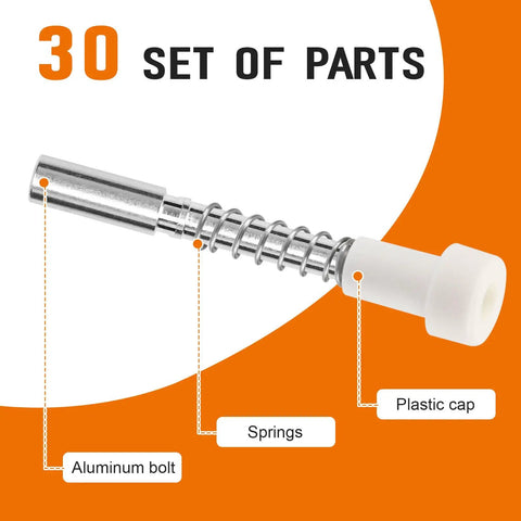 30 Pack Window Screen Plunger Latches Heavy Duty Replacement Pins With Steel Springs For 3/4 Inch Vinyl Frames 5/32 X 1 1/2 Inches showing aluminum bolt and plastic cap.