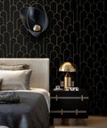 Black And Gold Dope Geometric Peel And Stick Wallpaper For Bedroom Modern Removable Self Adhesive Wall Covering Waterproof Vinyl 17.3 By 118.7 Inches Decorative Peel And Stick Vinyl For Walls Durable Finish Easy Install in modern bedroom setting.